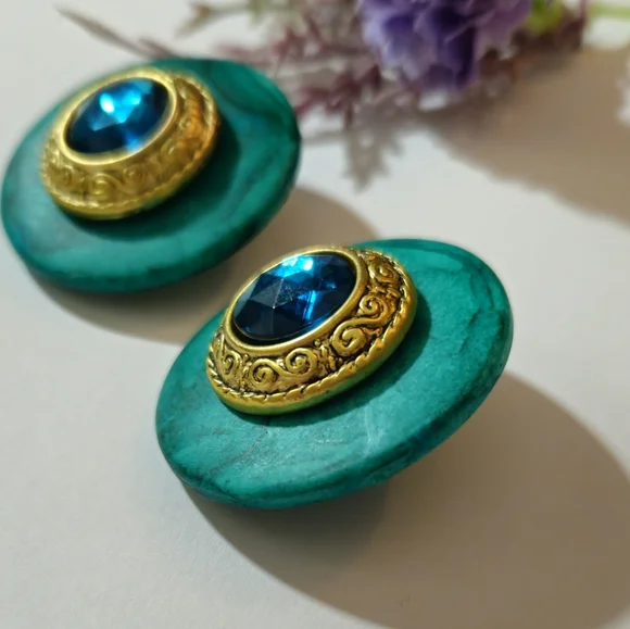 Vintage Green & Gold Acrylic Crystal Statement Earrings Clip-on Earrings - Picture 3 of 7